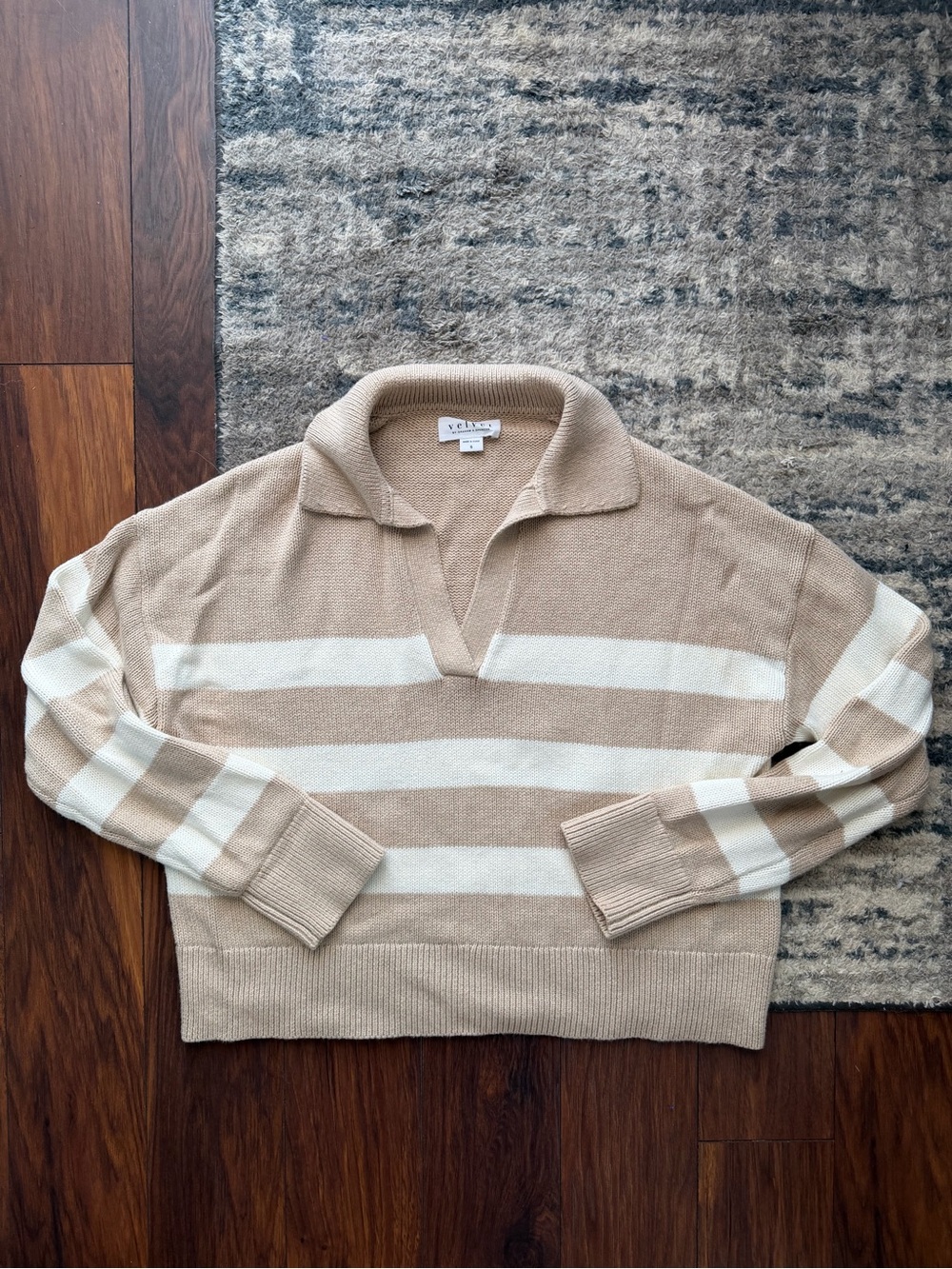 Velvet by Graham & Spencer Beige & White Striped V-Neck Sweater